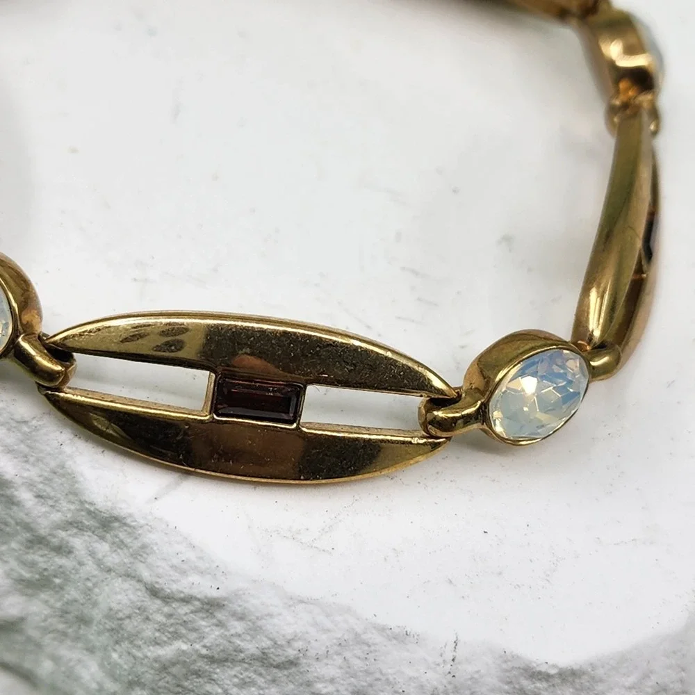 Gold Tone Opalescent Crystal Link Bracelet Brown Baguette Art Deco Statement